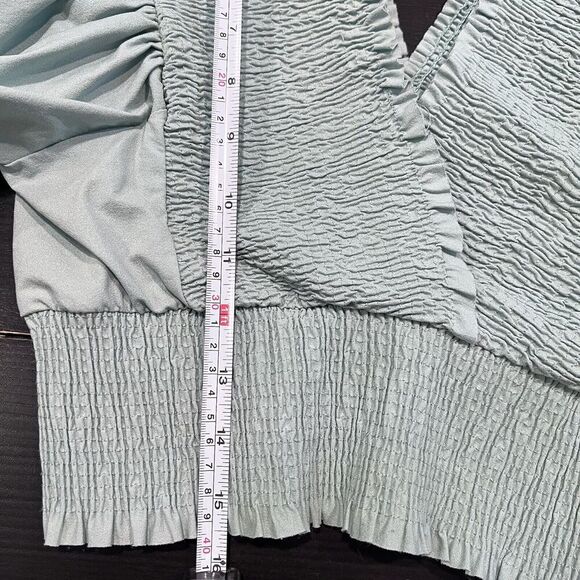 Zara Size Medium Teal Puff Ballon Sleeve V Neck Ruched Cropped Top Stretchy - Picture 11 of 11
